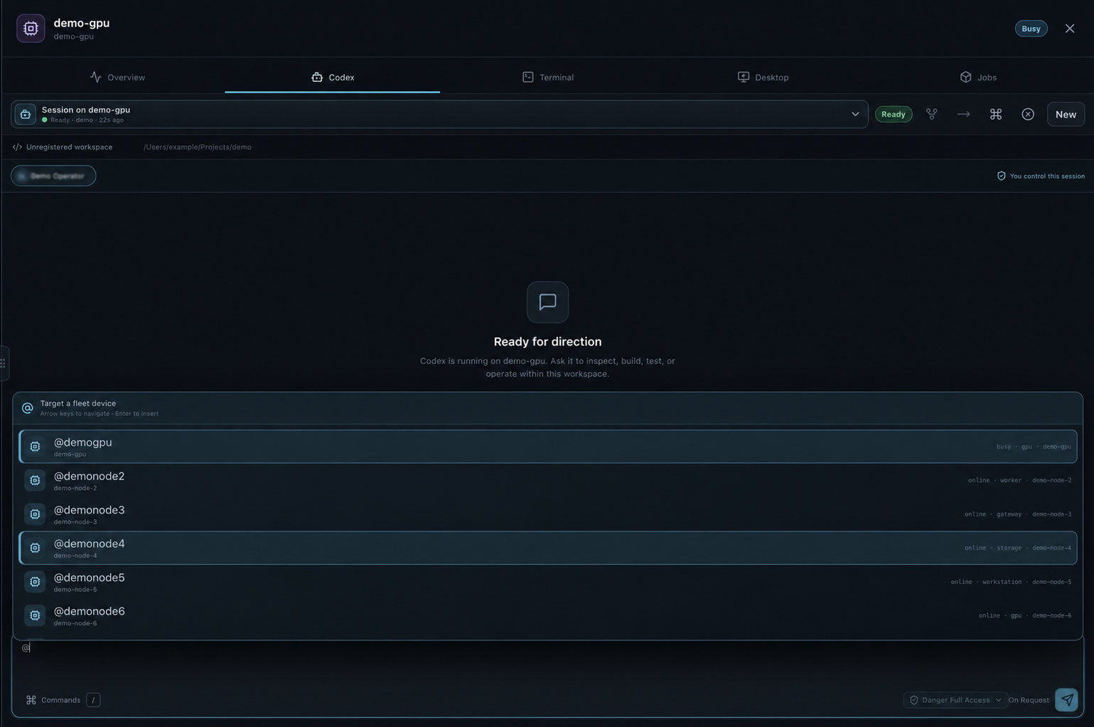 Routing a Codex session with an at-device mention