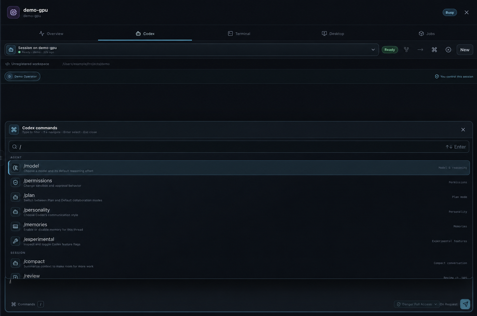 Controlling a Codex session with slash commands